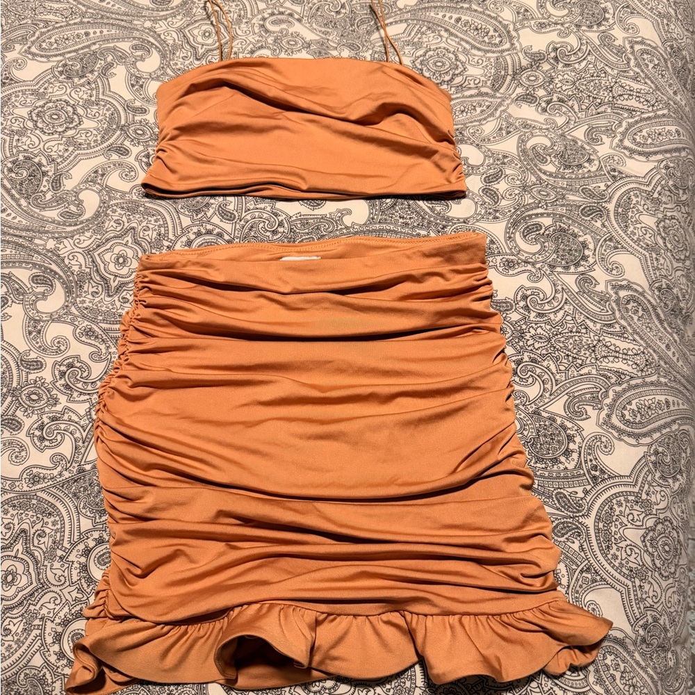 Oh Polly Tan Ruched Skirt Set